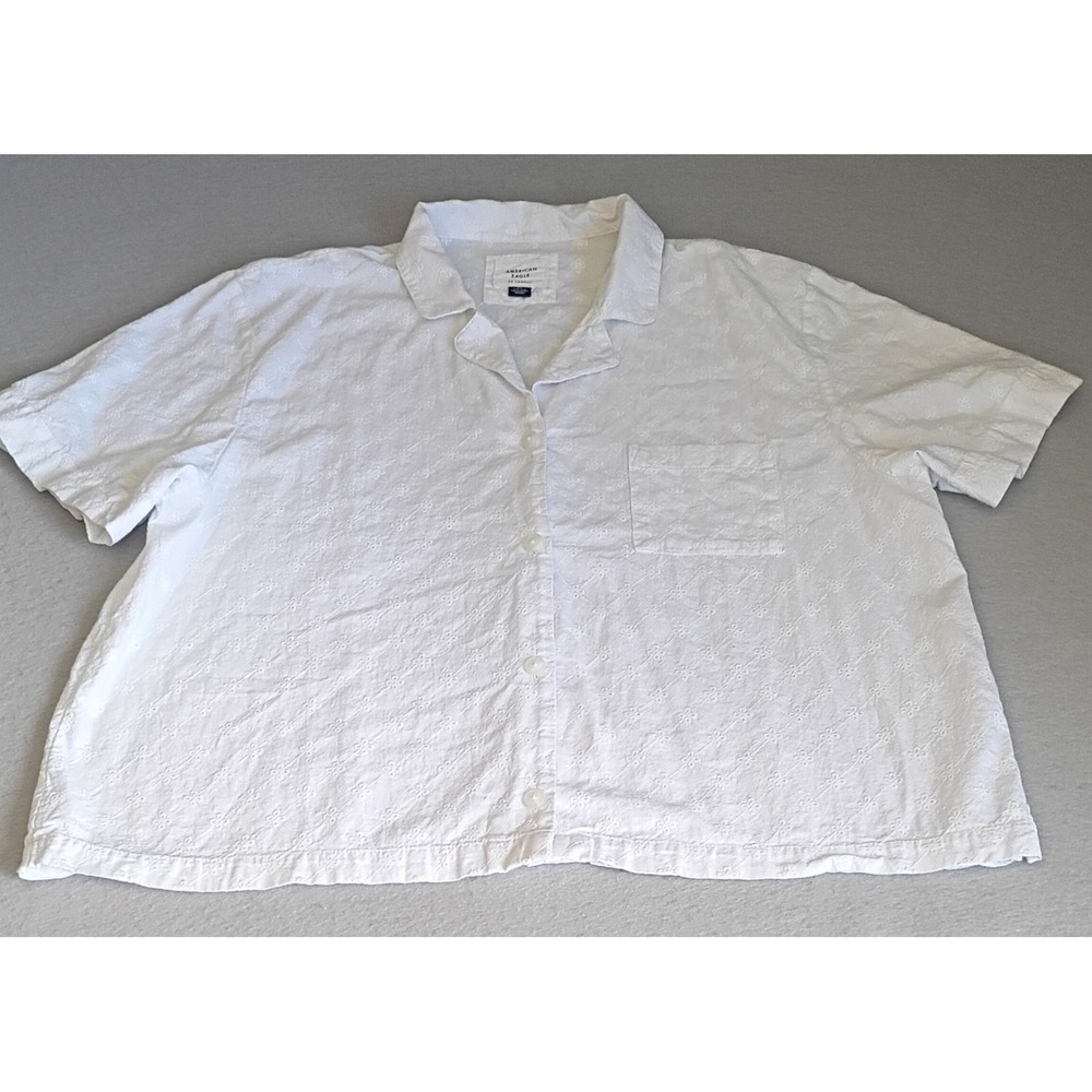 American Eagle Lounge White Eyelet Crochet Button Down Top Size XXL Boho Shirt